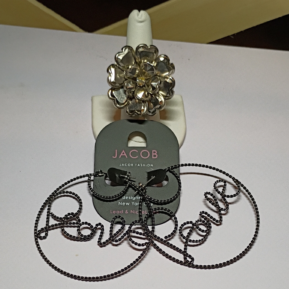 Silver Stretch Ring and Black Love Earrings